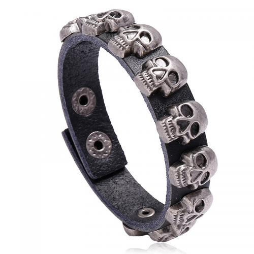 PU Leather Cord Bracelets, with Iron & Tibetan Style, Skull, punk style & for man, more colors for choice, 15mm, Length:22 cm, Sold By PC
