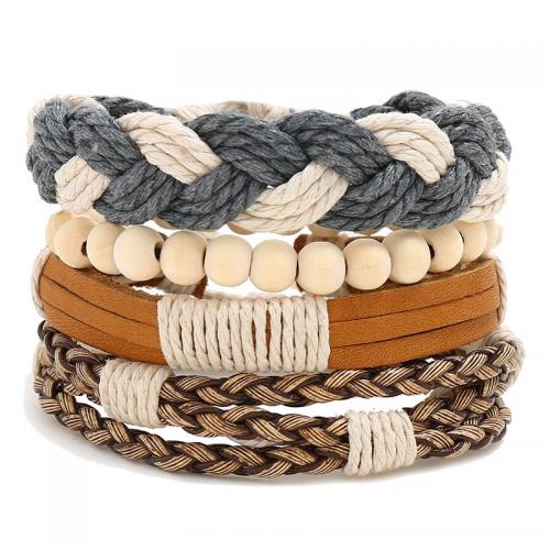 PU Leather Cord Bracelets, with Linen & Wax Cord & Wood, 4 pieces & punk style & Unisex & adjustable, more colors for choice, extender chain length8-9cm*2, Length:Approx 17-18 cm, Sold By Set