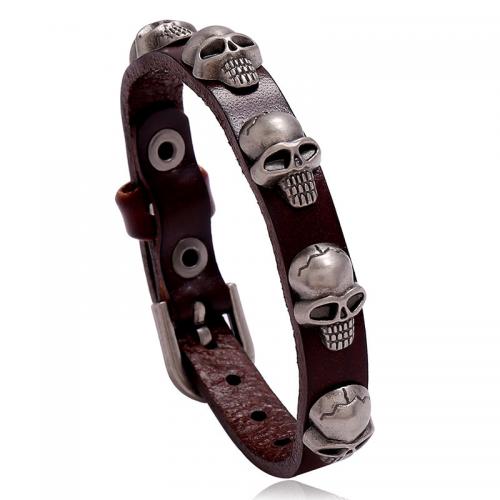 PU Leather Cord Bracelets, with Tibetan Style, Skull, punk style & for man, more colors for choice, 10mm, Length:24 cm, Sold By PC