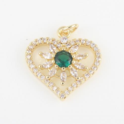 Cubic Zirconia Micro Pave Brass Pendant, Heart, gold color plated, DIY & micro pave cubic zirconia, green, nickel, lead & cadmium free, 22.60x19.10x4.30mm, Sold By PC