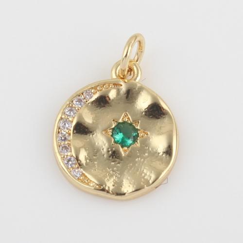 Cubic Zirconia Micro Pave Brass Pendant with Glass Rhinestone Round gold color plated DIY & micro pave cubic zirconia & enamel green nickel lead & cadmium free Sold By PC