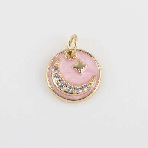 Cubic Zirconia Micro Pave Brass Pendant Round gold color plated DIY & micro pave cubic zirconia & enamel pink nickel lead & cadmium free Sold By PC