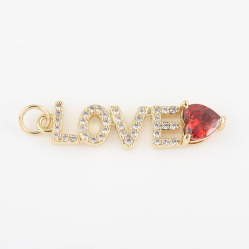 Cubic Zirconia Micro Pave Brass Pendant Alphabet Letter gold color plated DIY & micro pave cubic zirconia red nickel lead & cadmium free Sold By PC