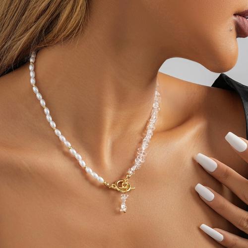 Brass Necklace with Natural Stone & Plastic Pearl plated fashion jewelry nickel lead & cadmium free Length 40 cm Sold By PC