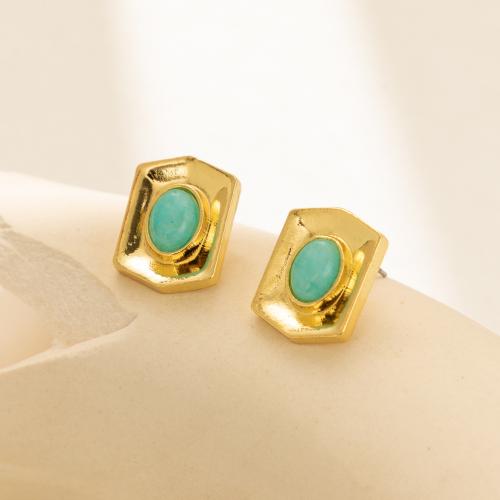 Zinc Alloy Stud Earring with Natural Stone Hexagon plated fashion jewelry golden nickel lead & cadmium free Sold By Pair