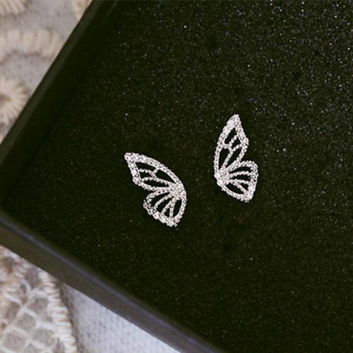 Brass Stud Earring, Butterfly, plated, fashion jewelry & micro pave cubic zirconia & for woman, more colors for choice, nickel, lead & cadmium free, 15x6mm, Sold By Pair