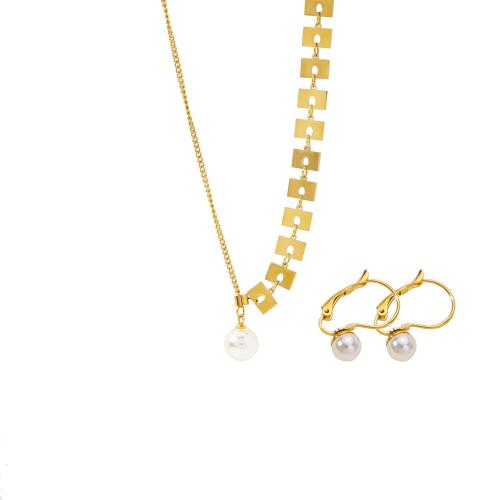 Fashion Stainless Steel Jewelry Sets, earring & necklace, 316 Stainless Steel, with Plastic Pearl, with 5cm extender chain, Vacuum Ion Plating, 2 pieces & fashion jewelry & for woman, golden, Length:45 cm, Sold By Set