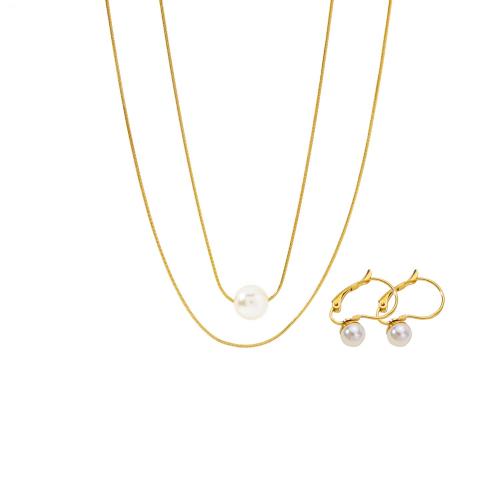 Fashion Stainless Steel Jewelry Sets, earring & necklace, 316 Stainless Steel, with Plastic Pearl, with 5cm extender chain, Vacuum Ion Plating, 2 pieces & fashion jewelry & for woman, golden, Length:Approx 38 cm, Sold By Set
