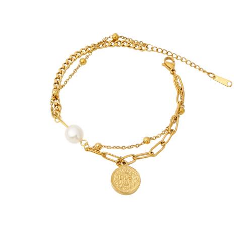Stainless Steel Jewelry Bracelet 316 Stainless Steel with Plastic Pearl with 5cm extender chain Vacuum Ion Plating fashion jewelry & for woman golden Length Approx 17 cm Sold By PC