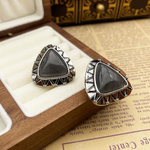 Brass Stud Earring, with Natural Stone, Triangle, silver color plated, fashion jewelry & for woman, nickel, lead & cadmium free, 28x28mm, Sold By Pair