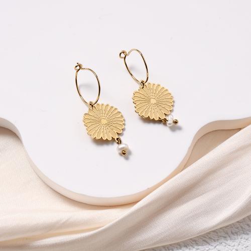 Huggie Hoop Drop Earring 316L Stainless Steel with pearl Flower Vacuum Ion Plating fashion jewelry & for woman golden nickel lead & cadmium free Sold By Pair