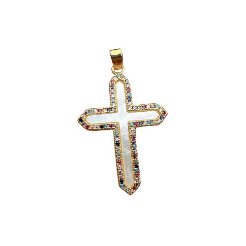 Cubic Zirconia Micro Pave Brass Pendant with White Shell Cross gold color plated fashion jewelry & DIY & micro pave cubic zirconia golden nickel lead & cadmium free Sold By PC