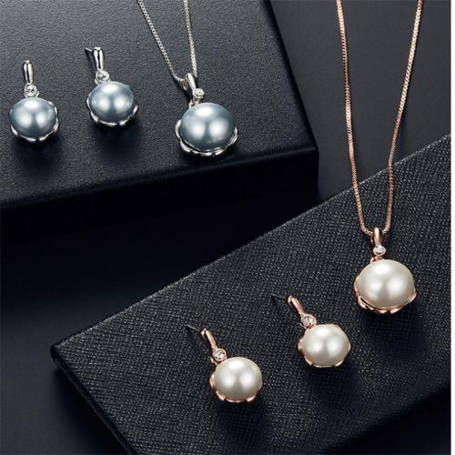 Tibetan Style Jewelry Sets, earring & necklace, with Plastic Pearl, with 1.97inch extender chain, 2 pieces & for woman & with rhinestone, more colors for choice, nickel, lead & cadmium free, earring 23*12mm, Length:Approx 15.75 Inch, Sold By Set