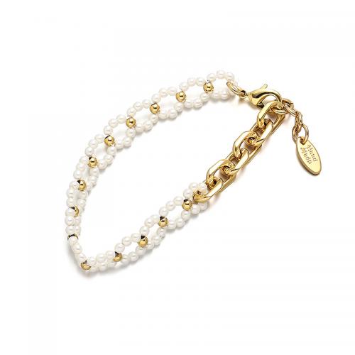 Brass Bracelet & Bangle, with Plastic Pearl, with 0.98inch extender chain, 18K gold plated, fashion jewelry & for woman, golden, nickel, lead & cadmium free, Sold Per Approx 6.69 Inch Strand