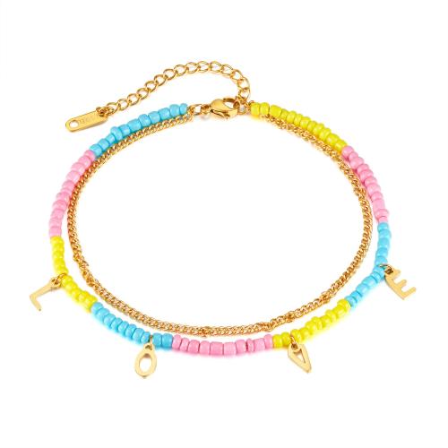 Stainless Steel Anklet, 304 Stainless Steel, with Seedbead, with 6.5cm extender chain, Alphabet Letter, Vacuum Ion Plating, Double Layer & Bohemian style & for woman, mixed colors, Length:22 cm, Sold By PC