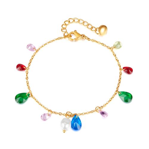 Stainless Steel Jewelry Bracelet 304 Stainless Steel with Plastic Pearl & Acrylic with 4cm extender chain Teardrop Vacuum Ion Plating Bohemian style & for woman mixed colors Length 16.5 cm Sold By PC