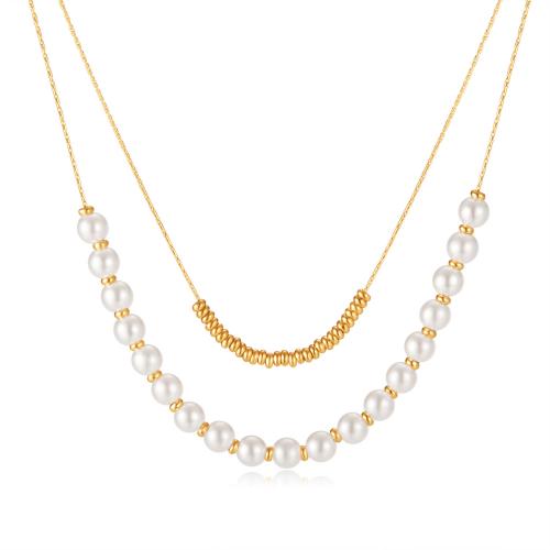 Stainless Steel Jewelry Necklace 304 Stainless Steel with Plastic Pearl with 6cm extender chain Round Vacuum Ion Plating Double Layer & fashion jewelry & for woman Length 36.5 cm Sold By PC