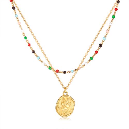 Colar de jóias de aço inoxidável, Aço inoxidável 304, with 6cm extender chain, Rose, joias de moda & para mulher & esmalte, cores misturadas, 14x19mm, comprimento 37.5 cm, vendido por PC