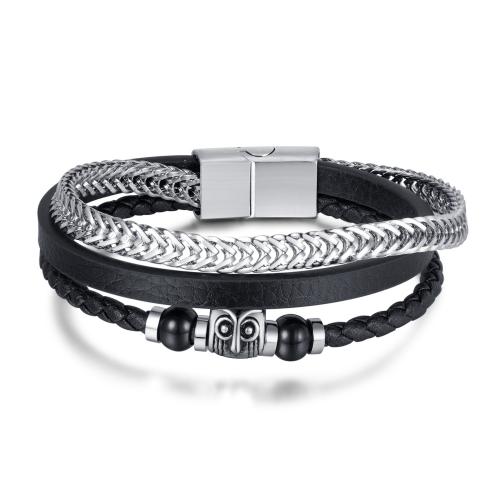 PU Leather Cord Bracelets, with 304 Stainless Steel, Owl, vintage & for man, black, Length:205 mm, Sold By PC