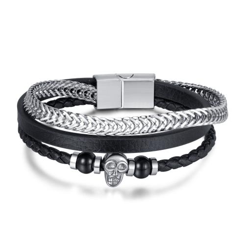 PU Leather Cord Bracelets, with 304 Stainless Steel, Skull, vintage & for man, black, Length:205 mm, Sold By PC