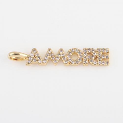 Cubic Zirconia Micro Pave Brass Pendant, Alphabet Letter, gold color plated, DIY & micro pave cubic zirconia, nickel, lead & cadmium free, 29.50x5.30x2mm, Sold By PC