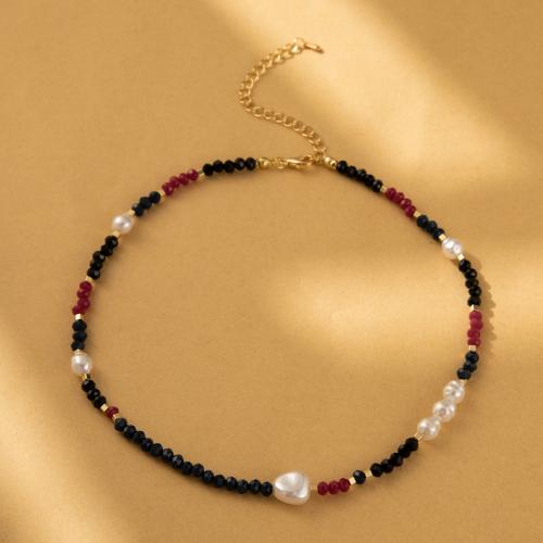 Messing Halskette, mit Naturstein & Kunststoff Perlen, mit Verlängerungskettchen von 7cm, plattiert, Modeschmuck, goldfarben, frei von Nickel, Blei & Kadmium, Länge:37 cm, verkauft von PC