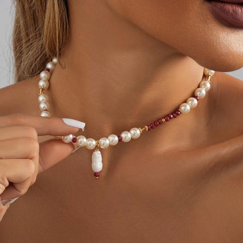 Messing Halskette, mit Naturstein & Kunststoff Perlen, mit Verlängerungskettchen von 7cm, plattiert, Modeschmuck, goldfarben, frei von Nickel, Blei & Kadmium, Länge 37 cm, verkauft von PC