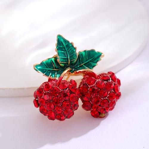 Zinc Alloy Brooches Cherry plated fashion jewelry & enamel & with rhinestone red nickel lead & cadmium free Sold By PC