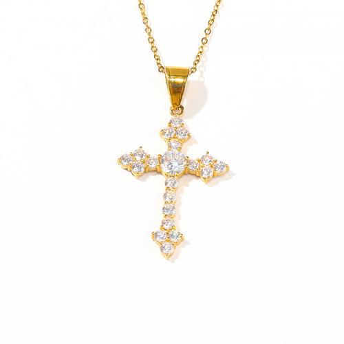 Titanium Steel Necklace, Cross, Vacuum Ion Plating, micro pave cubic zirconia & for woman, golden, Sold By PC