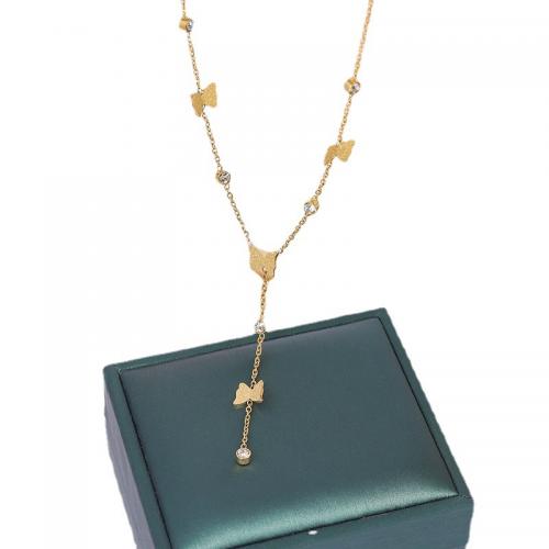 Titanstahl Halskette, Schmetterling, goldfarben plattiert, Oval-Kette & für Frau & mit Strass, Länge:ca. 17.7 ZollInch, verkauft von PC