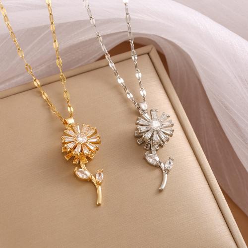 304 Stainless Steel Necklace, Sunflower, plated, wave chain & rotatable & micro pave cubic zirconia & for woman, more colors for choice, Length:Approx 17.7 Inch, Sold By PC