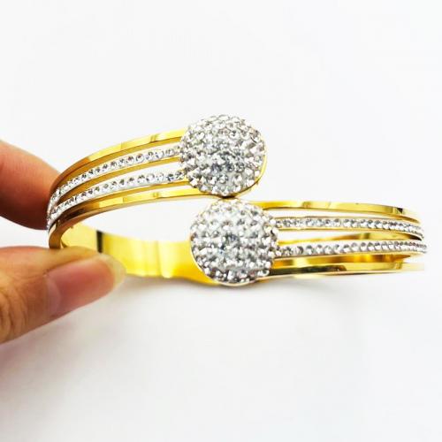 304 Stainless Steel Bangle, Round, gold color plated, for woman & with rhinestone, Inner Diameter:Approx 55mm, Sold By PC