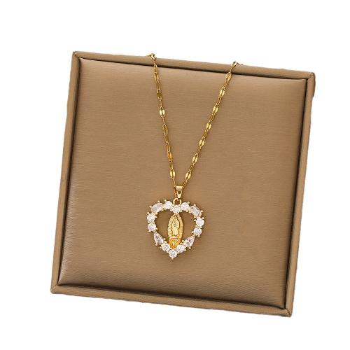 304 Stainless Steel Necklace Heart gold color plated wave chain & micro pave cubic zirconia & for woman & hollow Length Approx 17.7 Inch Sold By PC
