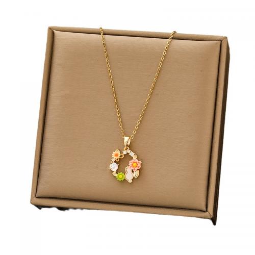 304 Stainless Steel Necklace, with Resin, Flower, gold color plated, oval chain & for woman & with rhinestone & hollow, Length:Approx 17.7 Inch, Sold By PC