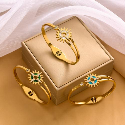 304 Stainless Steel Bangle, with Natural Stone & White Shell, Geometrical Pattern, gold color plated, for woman & with rhinestone, more colors for choice, Inner Diameter:Approx 60mm, Sold By PC