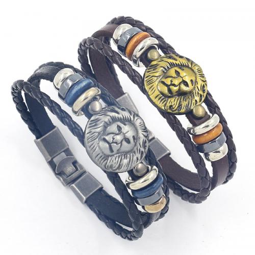 Cowhide Bracelet, with PU Leather & Tibetan Style, Lion, plated, multilayer & for man, more colors for choice, Length:Approx 8.3 Inch, Sold By PC