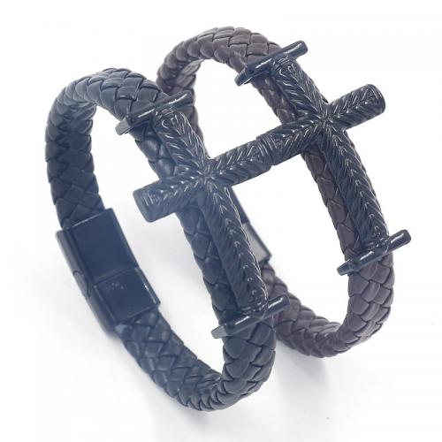 PU Leather Bracelet with Zinc Alloy Cross electrophoresis punk style & for man Sold By PC