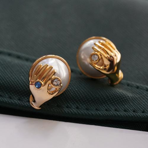 Brass Stud Earring, with Plastic Pearl, gold color plated, fashion jewelry & for woman & with rhinestone, nickel, lead & cadmium free, 20x13mm, Sold By Pair