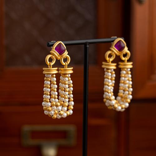 Mode-Fringe-Ohrringe, Messing, mit Kunststoff Perlen, 18K vergoldet, Modeschmuck & für Frau, frei von Nickel, Blei & Kadmium, 60x20mm, verkauft von Paar