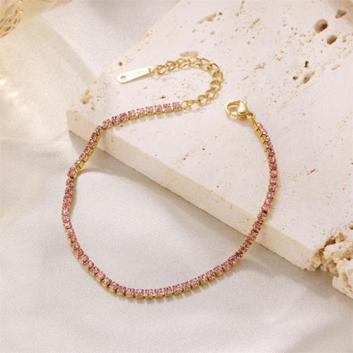 Stainless Steel Anklet, 304 Stainless Steel, with 5cm extender chain, fashion jewelry & for woman & with rhinestone, pink, Length:Approx 17 cm, Sold By PC
