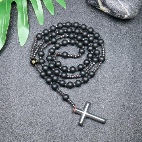 Rosary Necklace, Abrazine Stone, with Hematite, Cross, fashion jewelry & Unisex, black, 110mm, Length:Approx 78 cm, Sold By PC