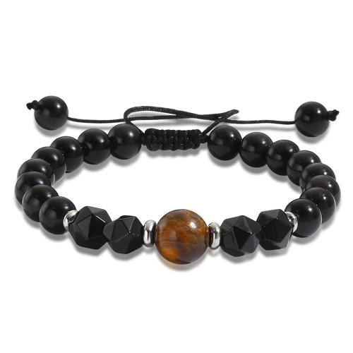 Gemstone Bracelets, Black Diamond, with Knot Cord & Tiger Eye & Brass, Round, silver color plated, Adjustable & fashion jewelry & Unisex, mixed colors, nickel, lead & cadmium free, Sold By PC