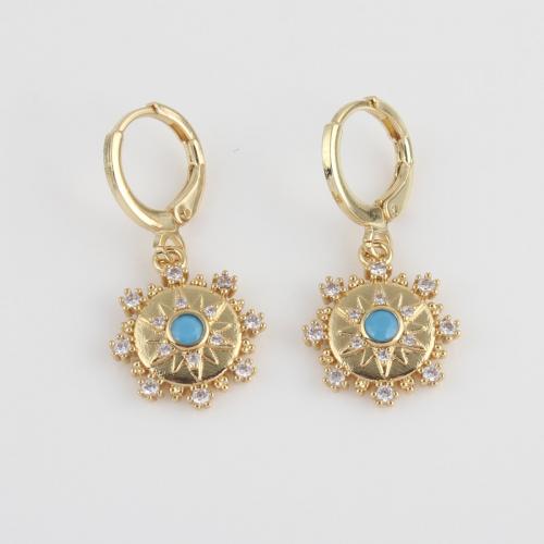 Cubic Zirconia Micro Pave Brass Earring with turquoise gold color plated micro pave cubic zirconia & for woman blue nickel lead & cadmium free Sold By Pair