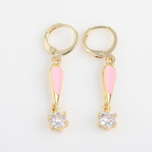 Cubic Zirconia Micro Pave Brass Earring gold color plated micro pave cubic zirconia & for woman & enamel pink nickel lead & cadmium free Sold By Pair