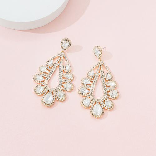 Brass Drop Earring Teardrop plated for woman & with rhinestone & hollow Sold By Pair