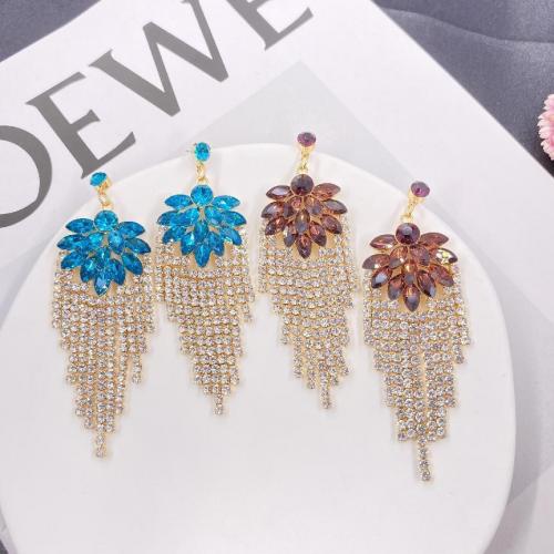 Brass Tassel Earring, with Crystal, Geometrical Pattern, gold color plated, for woman & with rhinestone, more colors for choice, 95mm, Sold By Pair
