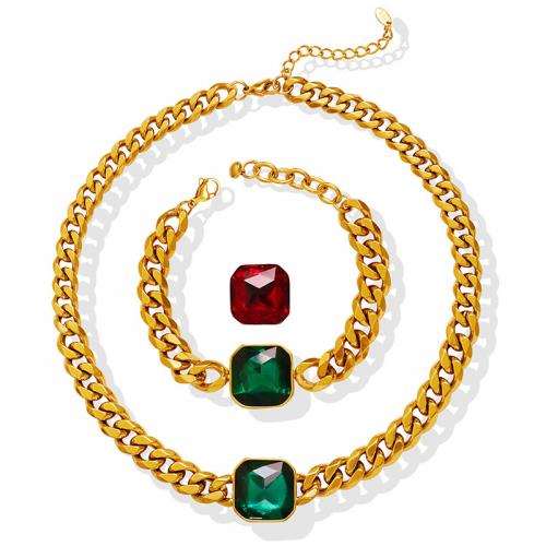 Acier titane Collier et bracelet, avec cristal, Motif géométrique, Placage de couleur d'or, styles différents pour le choix & pour femme, Vendu par PC