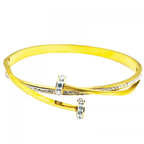 Aço inoxidável 304 pulseira comum, cromado de cor dourada, para mulher & com strass, Diametro interno:Aprox 60x50mm, vendido por PC