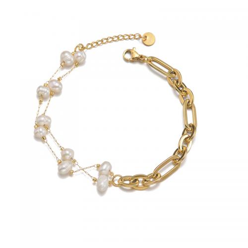 Edelstahl Schmuck Armband, 304 Edelstahl, mit Kunststoff Perlen, mit Verlängerungskettchen von 1.18inch, 14 K vergoldet, Modeschmuck & für Frau, goldfarben, verkauft per ca. 7.48 ZollInch Strang