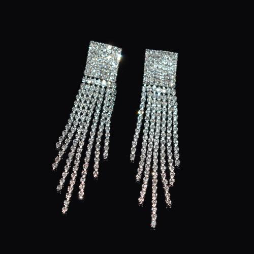 Fashion Fringe Earrings Brass fashion jewelry & for woman & with rhinestone silver color nickel lead & cadmium free Sold By Pair